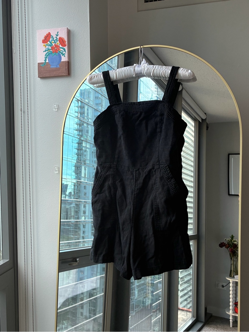 Women’s Black Linen Blend Romper with POCKETS!